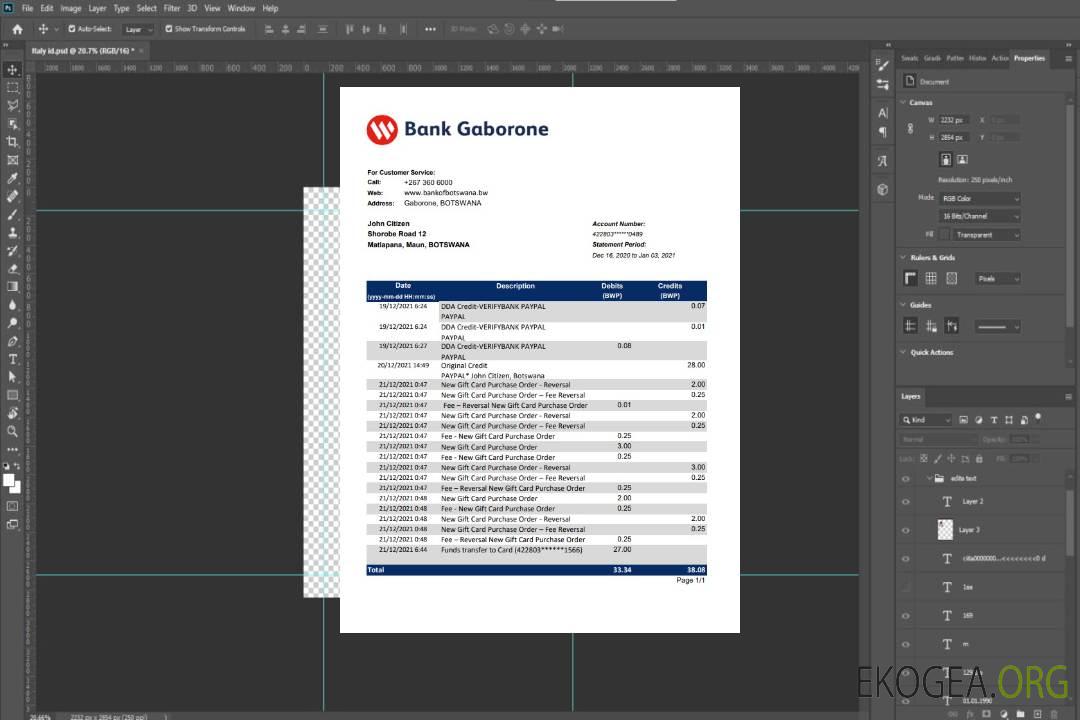 Modèle de relevé bancaire de Botswana Bank Gaborone au format Excel et PDF template